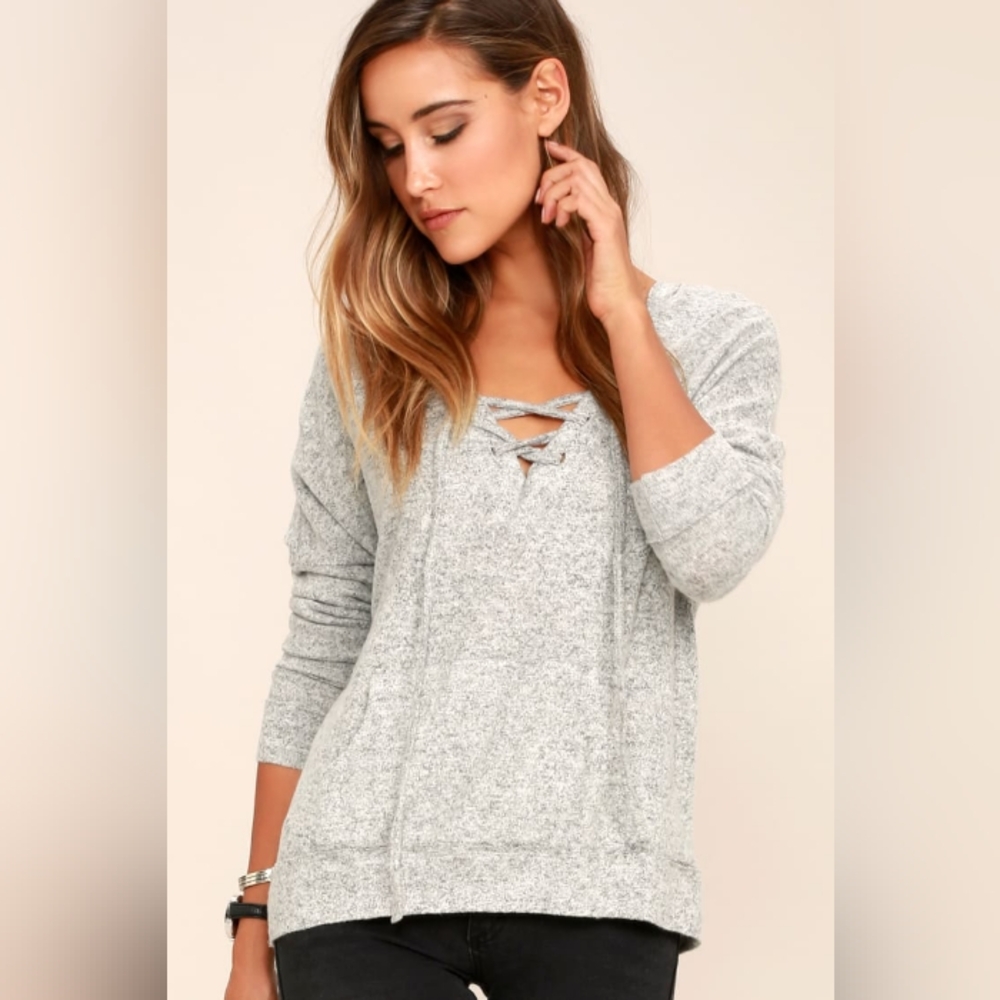 Lulus Slow Motion Heather Grey Lace-Up Hoodie Size S